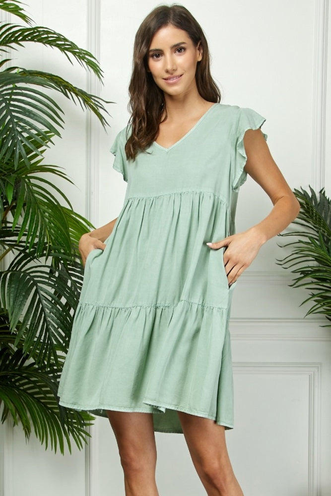 Light Olive Flutter Sleeve Tiered Dress