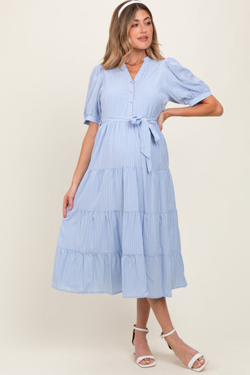 Light Blue Striped Button Up Tiered Maternity Maxi Dress