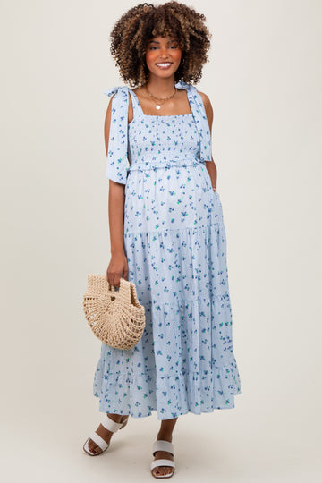 Light Blue Floral Striped Smocked Shoulder Tie Maternity Maxi Dress
