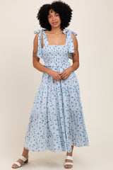 Light Blue Floral Striped Smocked Shoulder Tie Maternity Maxi Dress