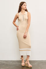 Beige Knit Colorblock Stripe Sleeveless Polo Dress
