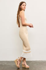 Beige Knit Colorblock Stripe Sleeveless Polo Dress