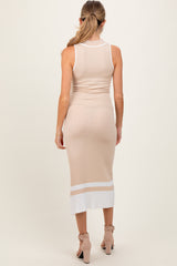 Beige Knit Colorblock Stripe Sleeveless Polo Maternity Dress