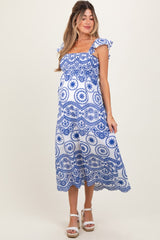 Light Navy Embroidered Smocked Cutout Maternity Midi Dress