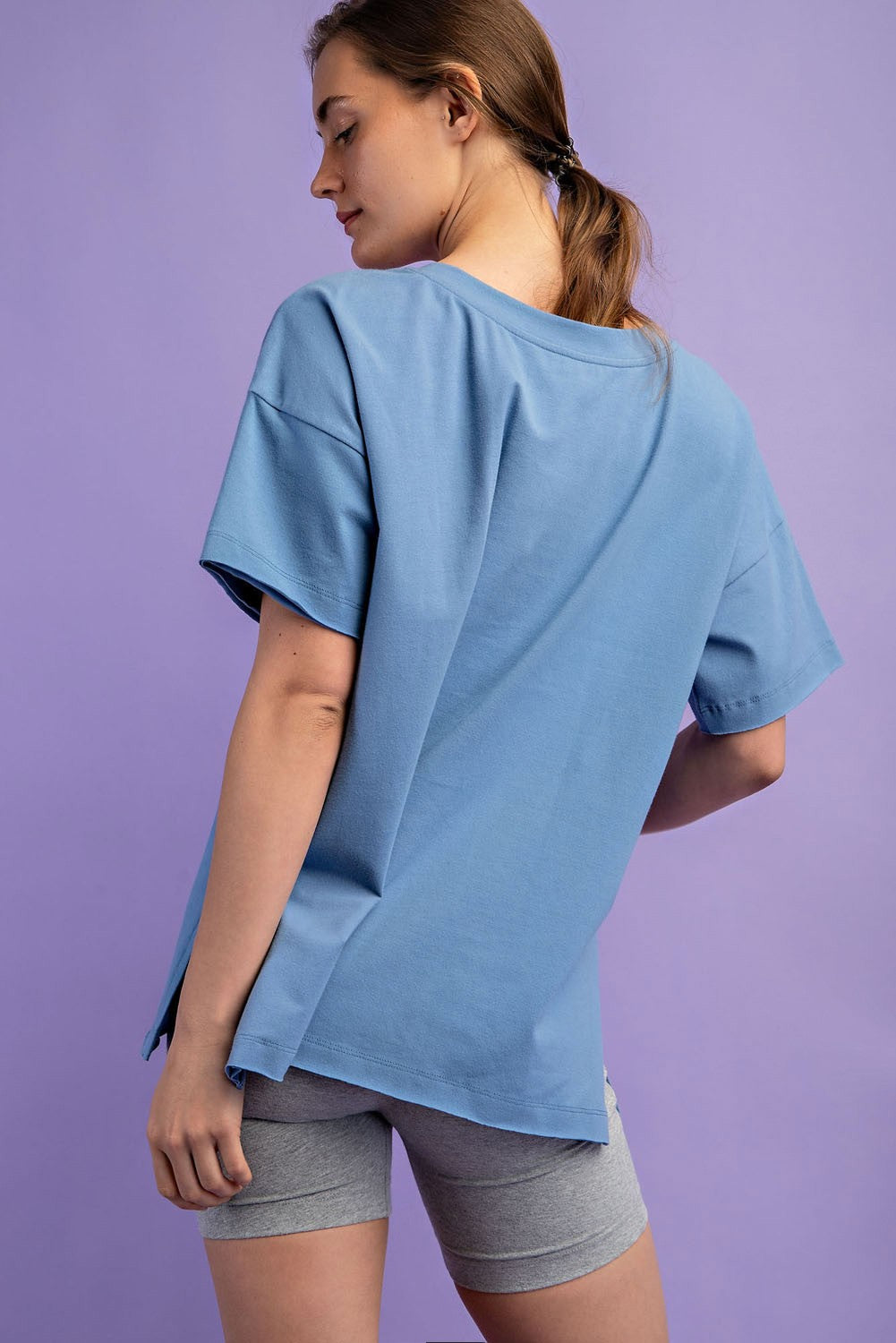 Blue Oversized V-Neck Side Slit Tee