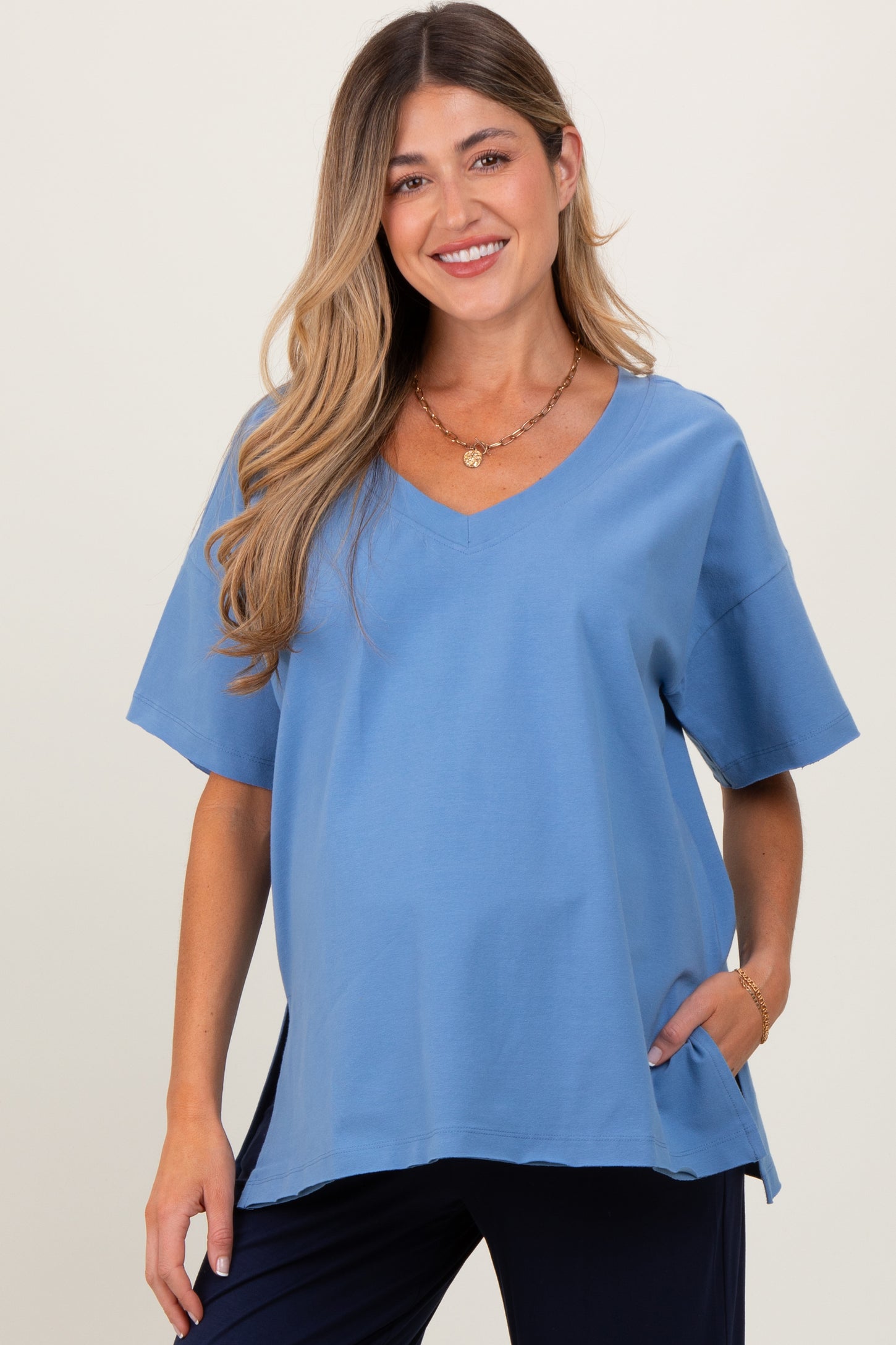 Blue Oversized V-Neck Side Slit Maternity Tee