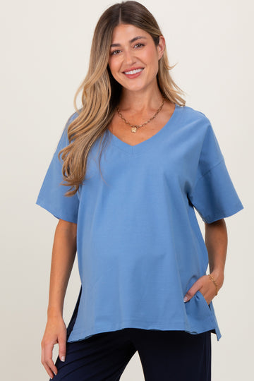 Blue Oversized V-Neck Side Slit Maternity Tee