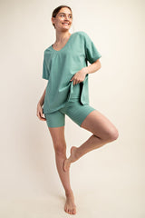 Light Olive Oversized V-Neck Side Slit Tee