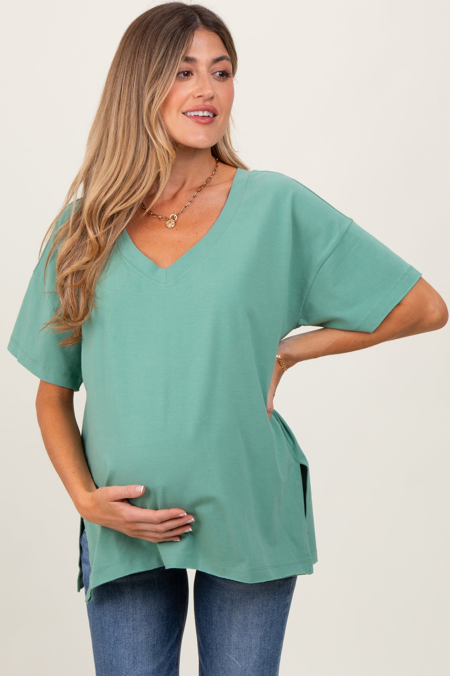 Light Olive Oversized V-Neck Side Slit Maternity Tee