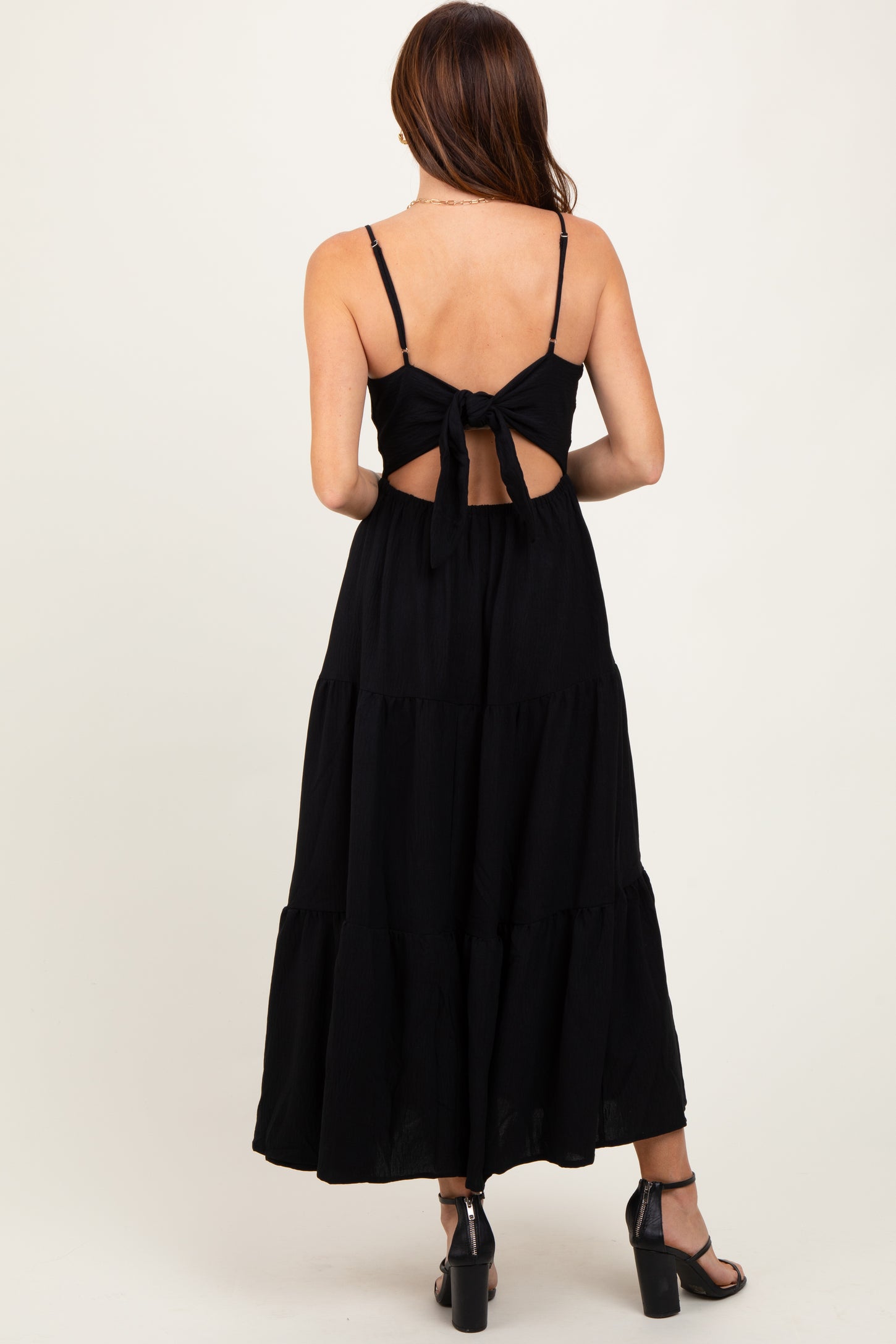 Black Tiered Cutout Tie Back Midi Dress