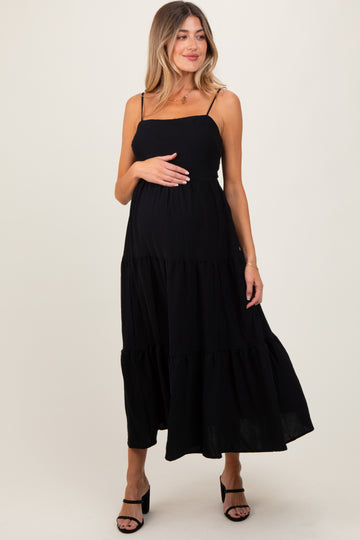 Black Tiered Cutout Tie Back Maternity Midi Dress