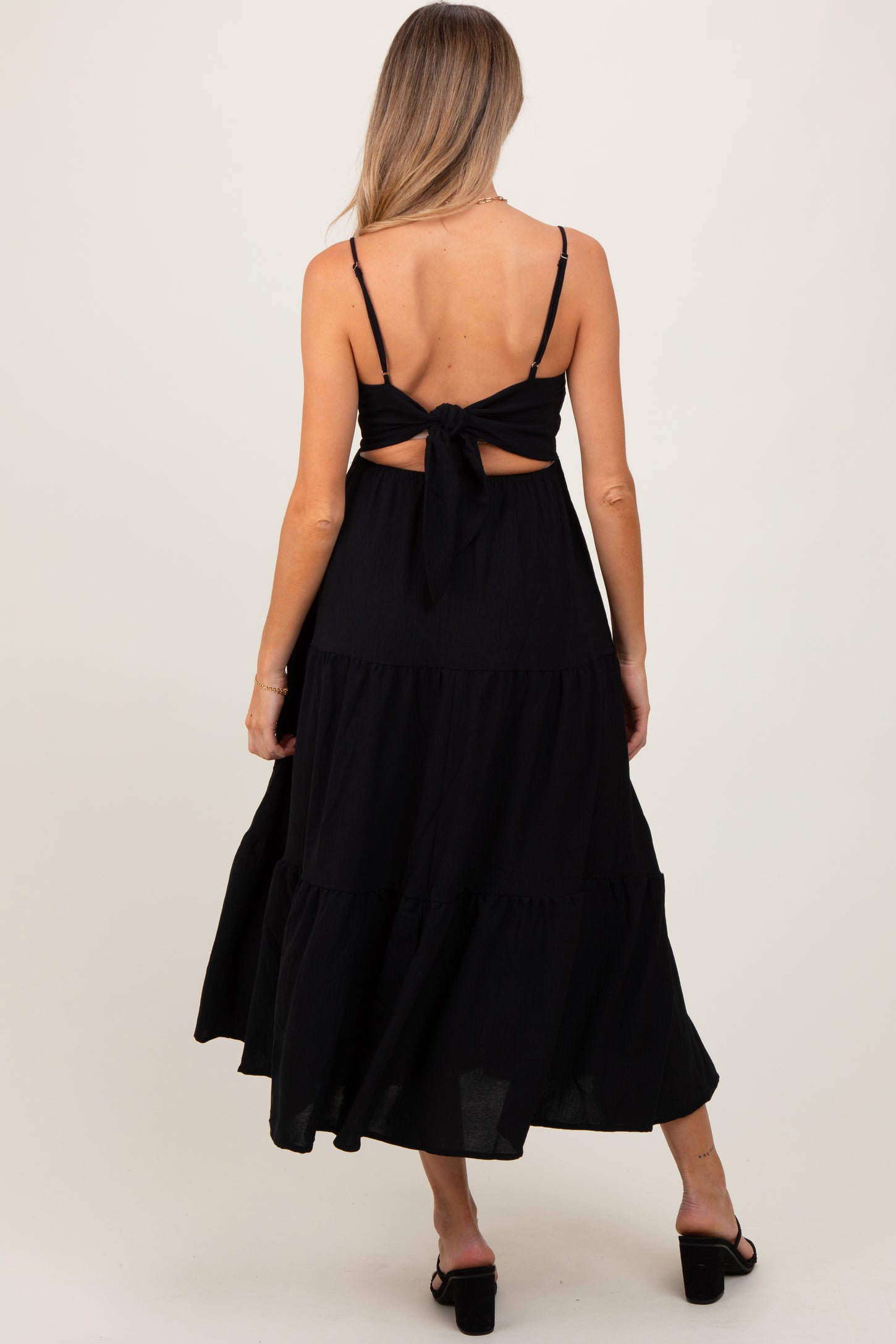 Black Tiered Cutout Tie Back Maternity Midi Dress