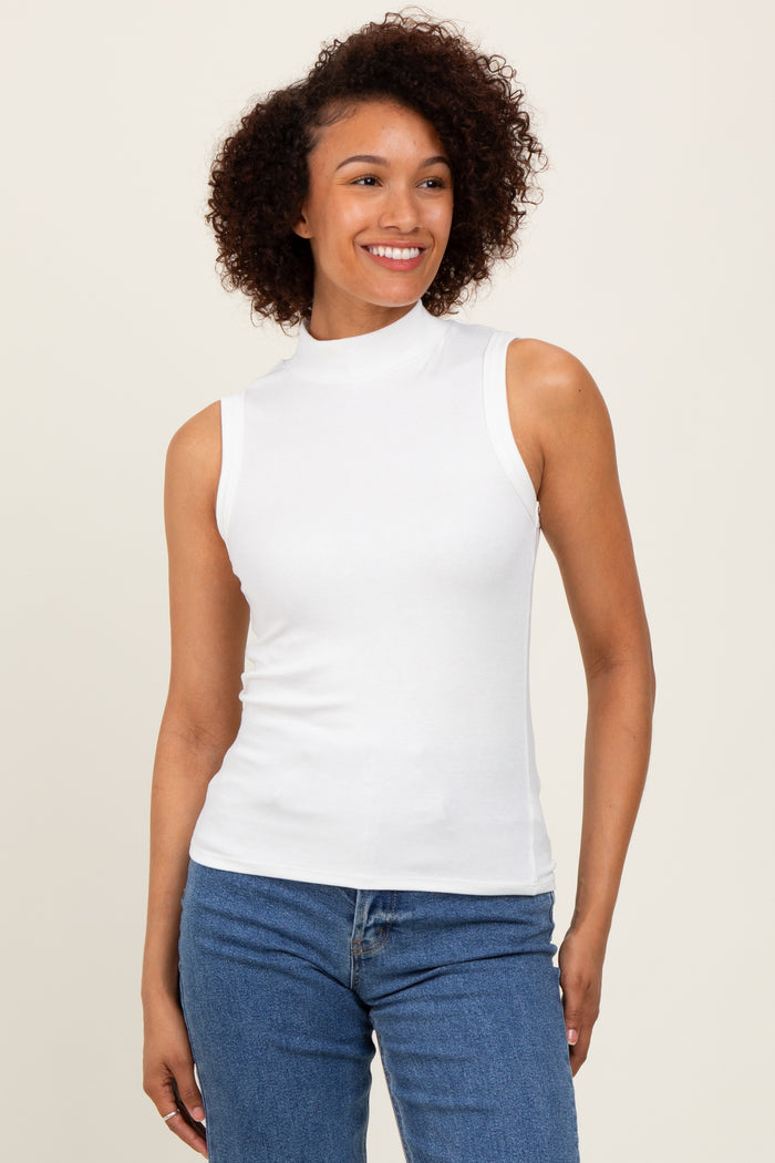 White Knit Mock Neck Sleeveless Maternity Top