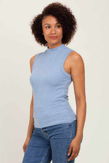 Blue Knit Mock Neck Sleeveless Top