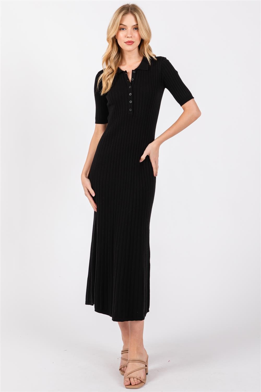 Black Ribbed Knit Button Up Midi Dress