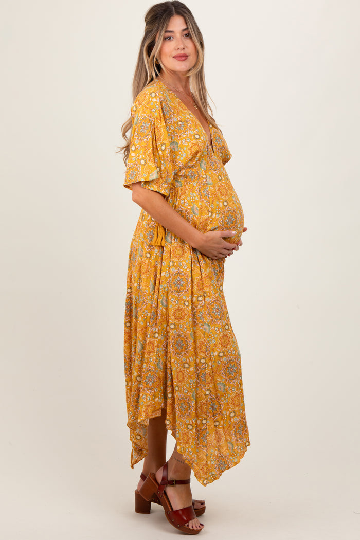 Yellow Printed Deep V-Neck Handkerchief Hem Maternity Maxi Dress