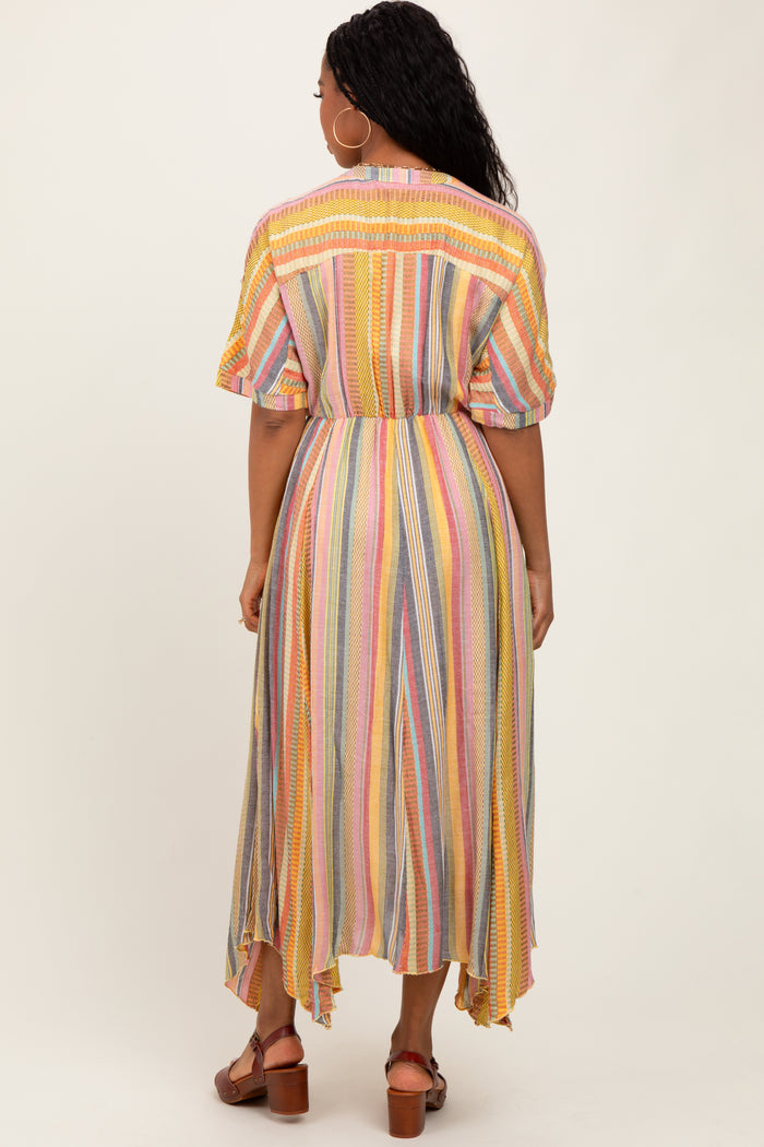 Yellow Striped Deep V-Neck Handkerchief Hem Midi Dress