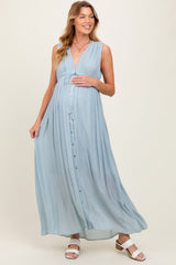 Light Blue Deep V-Neck Sleeveless Button Down Maternity Maxi Dress