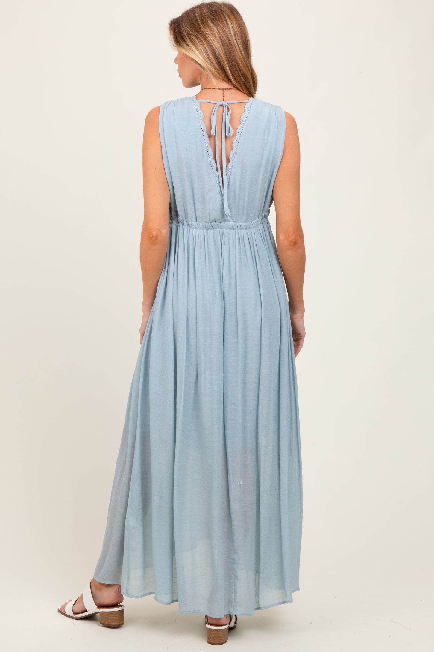 Light Blue Deep V-Neck Sleeveless Button Down Maternity Maxi Dress