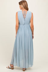 Light Blue Deep V-Neck Sleeveless Button Down Maternity Maxi Dress
