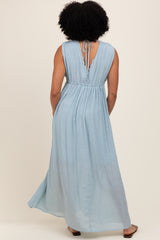 Light Blue Deep V-Neck Sleeveless Button Down Maxi Dress