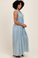 Light Blue Deep V-Neck Sleeveless Button Down Maternity Maxi Dress