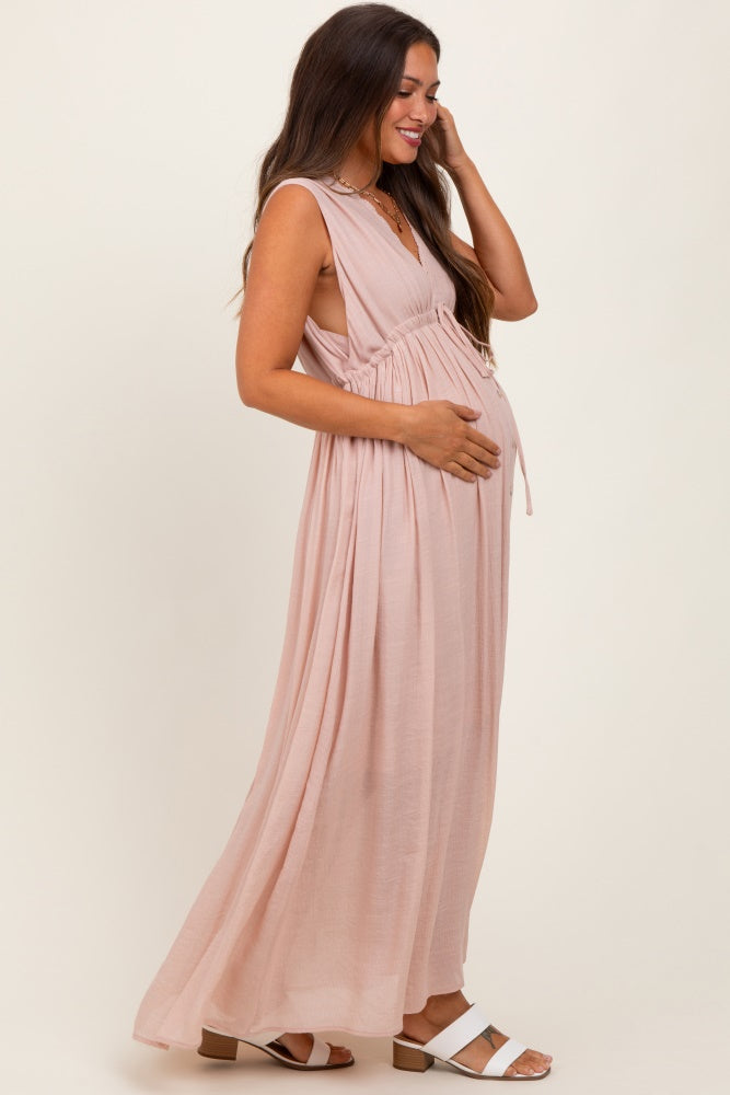 Light Pink Deep V-Neck Sleeveless Button Down Maternity Maxi Dress