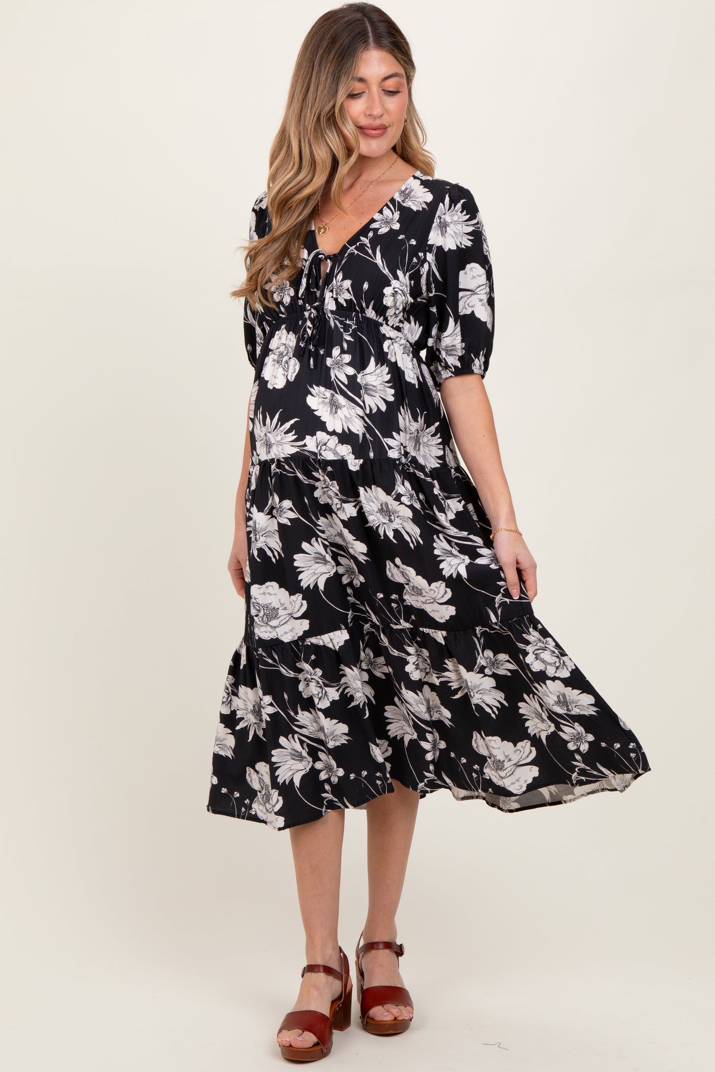 Black Floral Tie Front Tiered Maternity Midi Dress