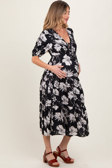 Black Floral Tie Front Tiered Maternity Midi Dress