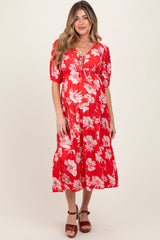 Red Floral Tie Front Tiered Maternity Midi Dress