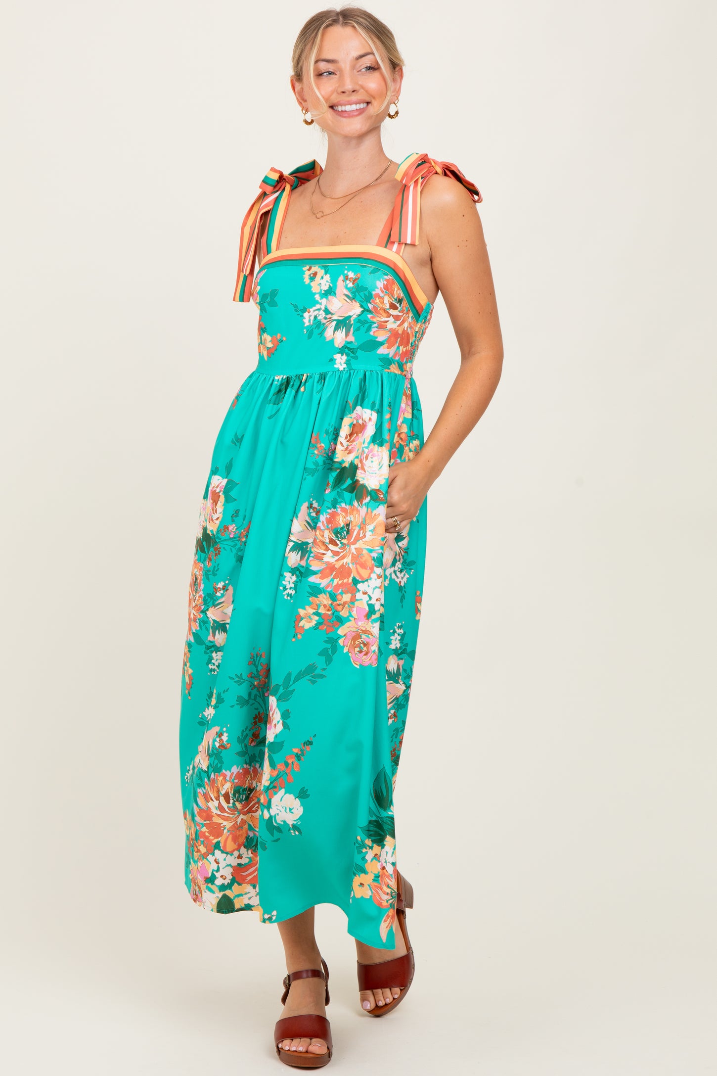 Turquoise Floral Contrast Shoulder Tie Midi Dress