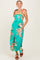 Turquoise Floral Contrast Shoulder Tie Midi Dress