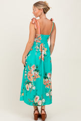 Turquoise Floral Contrast Shoulder Tie Midi Dress