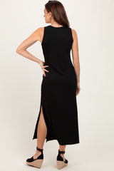 Black Jacquard Sleeveless Side Slit Midi Dress