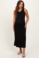 Black Jacquard Sleeveless Side Slit Maternity Midi Dress