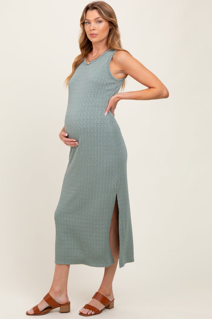 Green Jacquard Sleeveless Side Slit Maternity Midi Dress