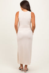 Cream Jacquard Sleeveless Side Slit Maternity Midi Dress