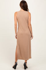 Light Taupe Jacquard Sleeveless Side Slit Midi Dress
