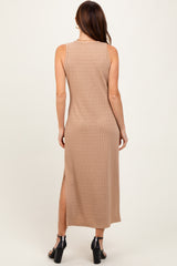 Light Taupe Jacquard Sleeveless Side Slit Midi Dress