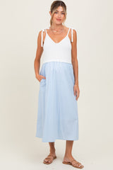 Light Blue Contrast Knit Bodice Maternity Midi Dress