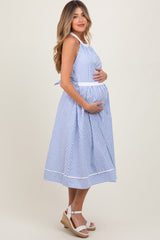 Blue Striped Halter Maternity Tie Back Cutout Maternity Midi Dress
