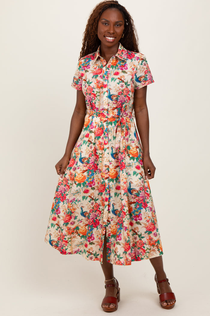 Cream Floral Button Down Maternity Midi Shirt Dress