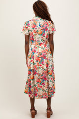 Cream Floral Button Down Midi Shirt Dress