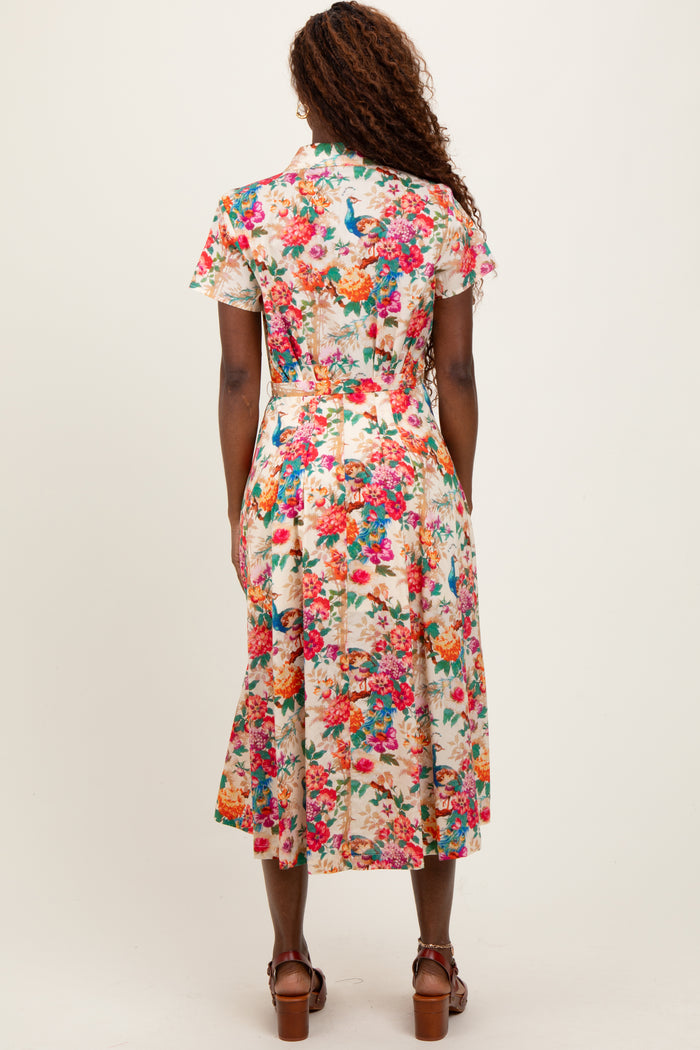 Cream Floral Button Down Midi Shirt Dress