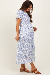 Blue Floral Button Up Tiered Maternity Midi Dress