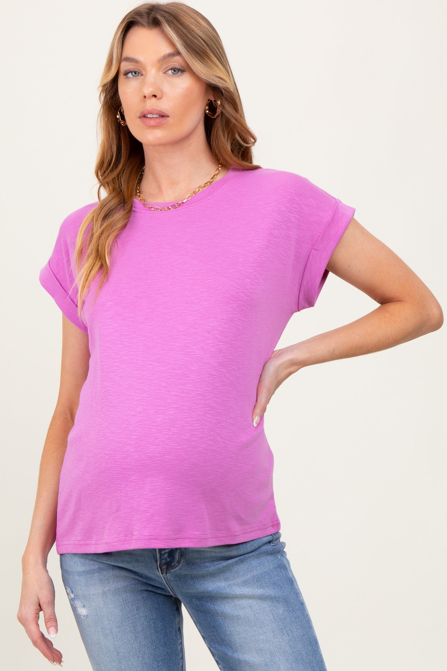 Lavender Rolled Short Sleeve Maternity Tee