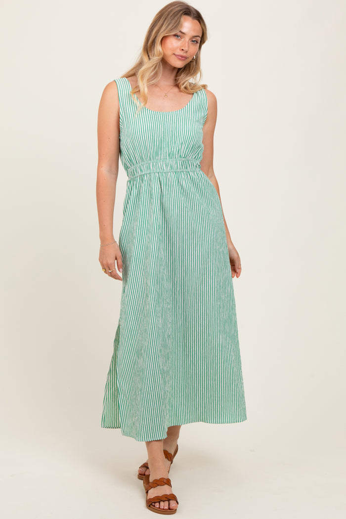 Green Striped Sleeveless Cutout Side Slit Maxi Dress