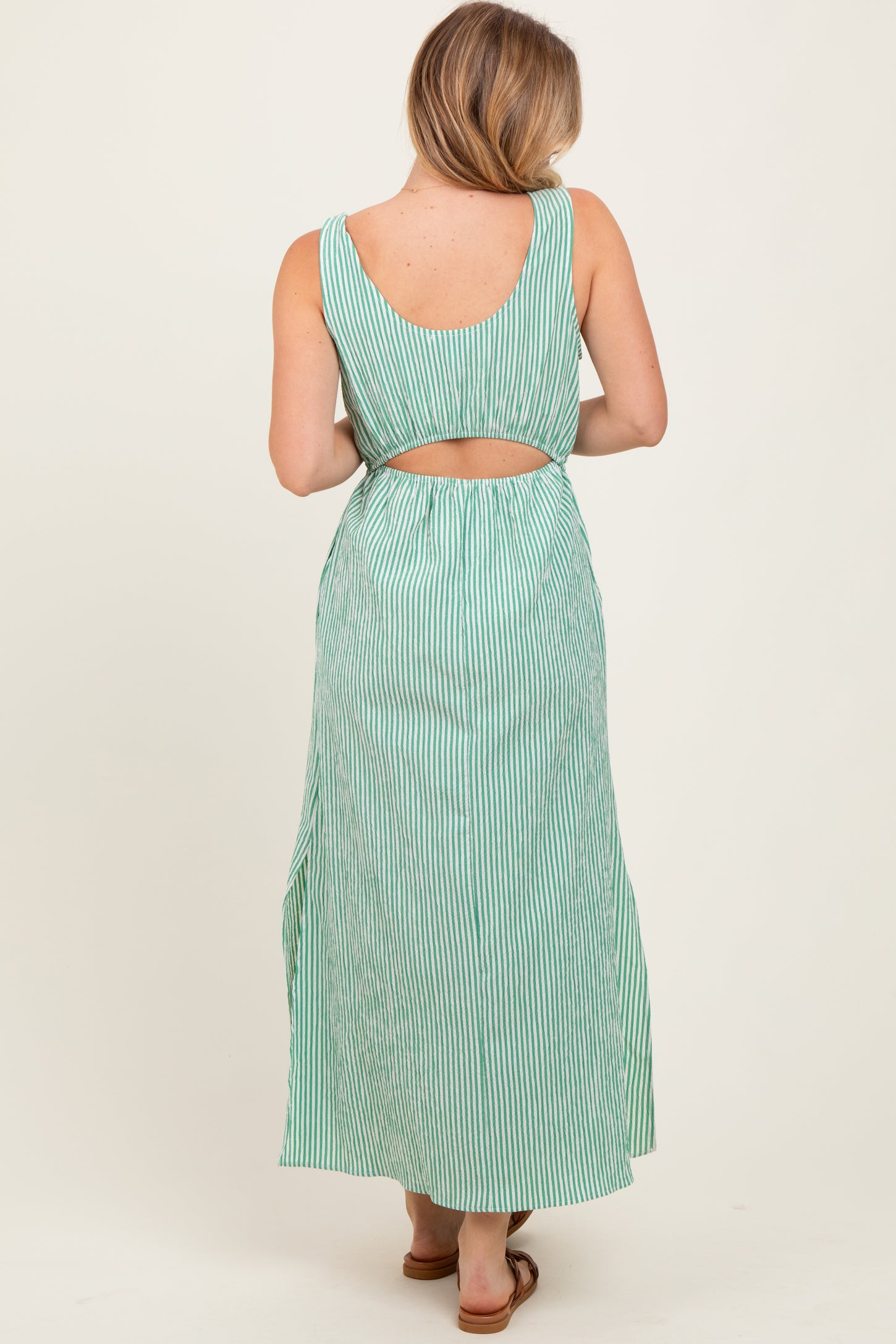 Green Striped Sleeveless Cutout Side Slit Maxi Dress