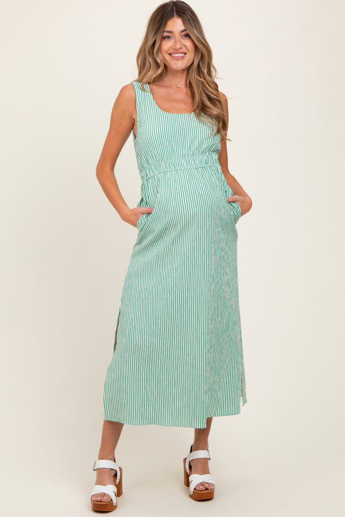 Green Striped Sleeveless Cutout Side Slit Maternity Maxi Dress