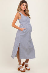 Navy Striped Sleeveless Cutout Side Slit Maternity Maxi Dress